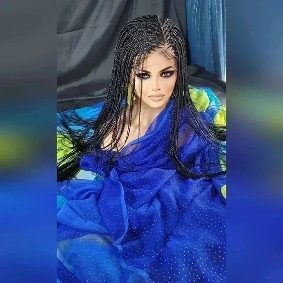 ๐ Braided full Lace Wig: African-Inspired, Black wig Human-Synthetic, "YARA" - Picture 3 of 16